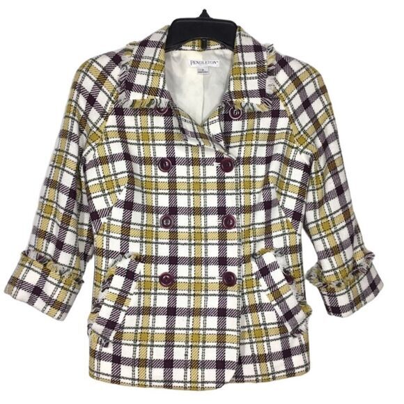 Y2K NWOT PENDLETON WOOL DOUBLE BREASTED YELLOW PLAID FRINGE ACADEMIA‎ BLAZER 2P - Picture 1 of 12